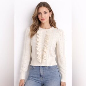 ZARA Cream/IvoryPearl Embellished Knit Sweater Ruffle cropped szS Unique Design
